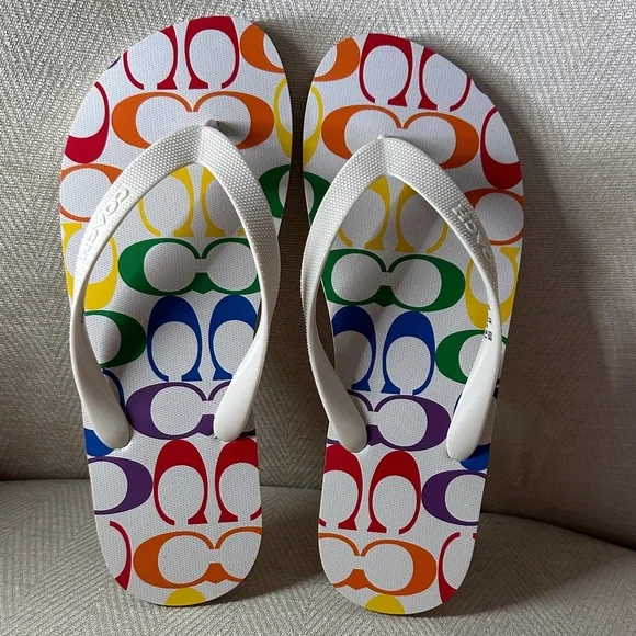 Coach Multicolor Logo Flip Flops Size 8-9 - Picture 1 of 4